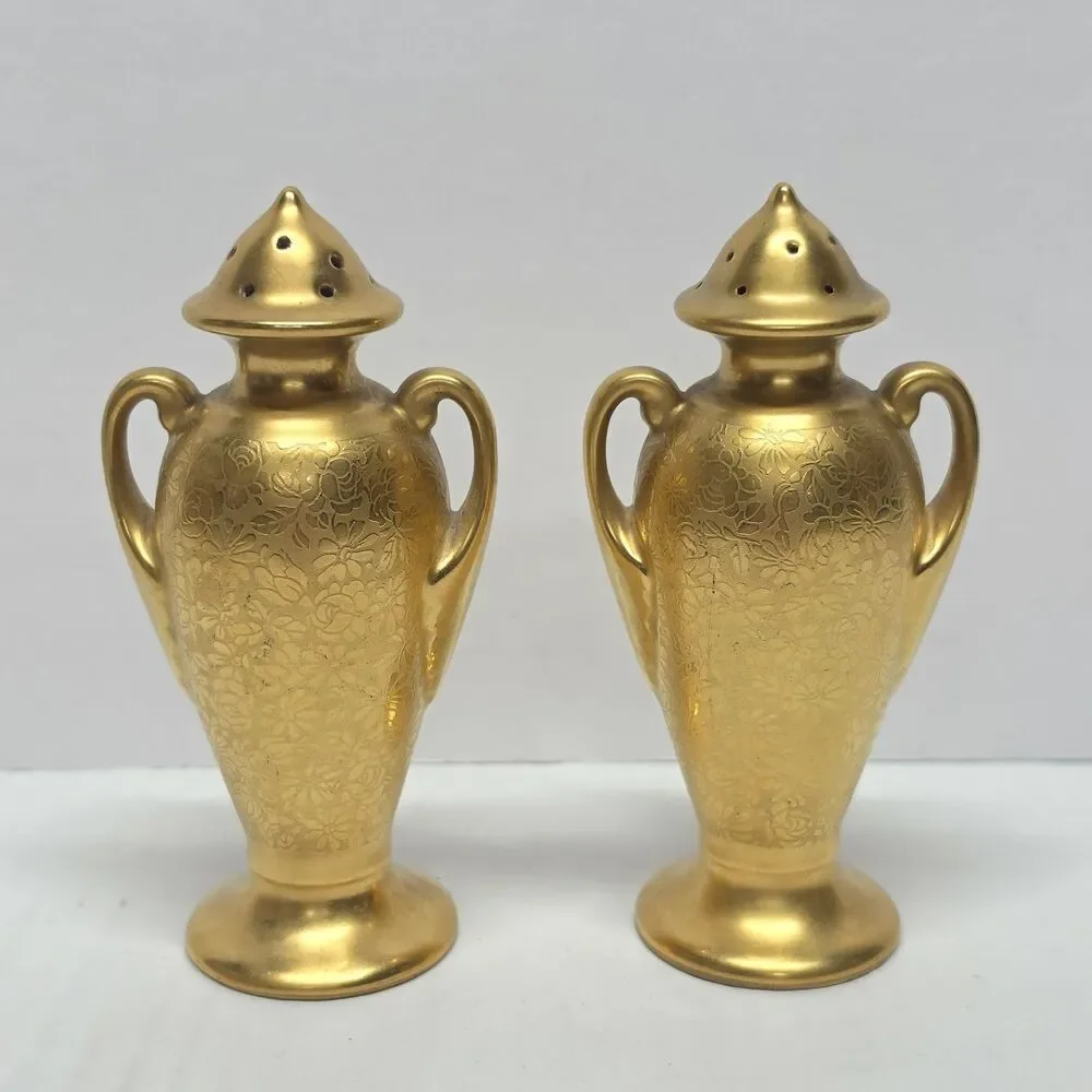 Vintage 50s Stouffer 24 Kt Gold Plated Salt/Pepper Shaker ROSE DAISY w Handles